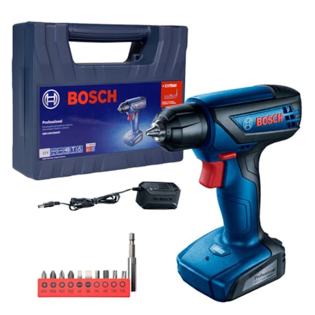 Furadeira e Parafusadeira 1/4'' Bateria 12V Carregador Bivolt com Maleta e Kit 10 Bits GSR 1000 SMART BOSCH