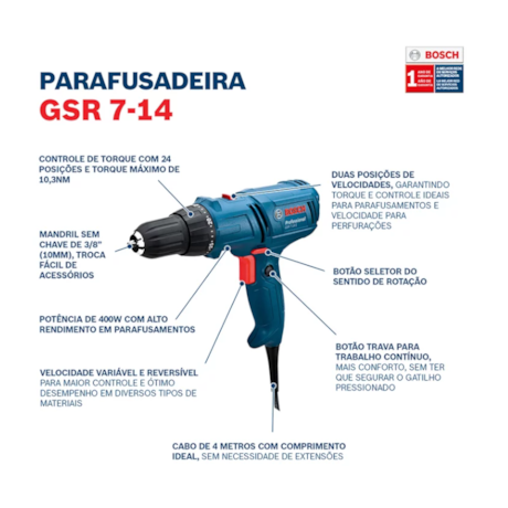 Furadeira Parafusadeira 3/8'' 400W GSR 7-14E + Bolsa e Kit de Parafusar 46 Peças BOSCH-18c21ed1-9cbf-4809-86bd-9202ae91e20d