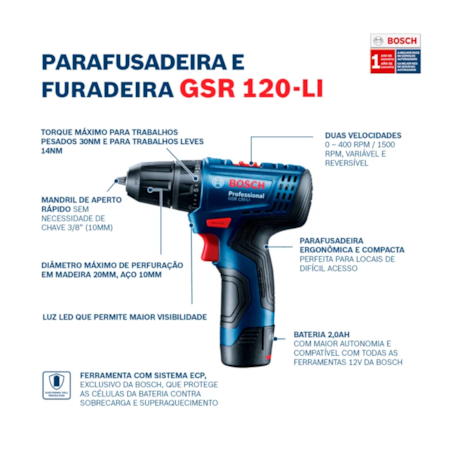 Furadeira Parafusadeira 3/8'' GSR 120-LI com Bateria e Carregador Bivolt + Jogo de Bits e Soquetes 43 Peças BOSCH-ae5958b1-e485-4031-9a2f-abd258f14a29