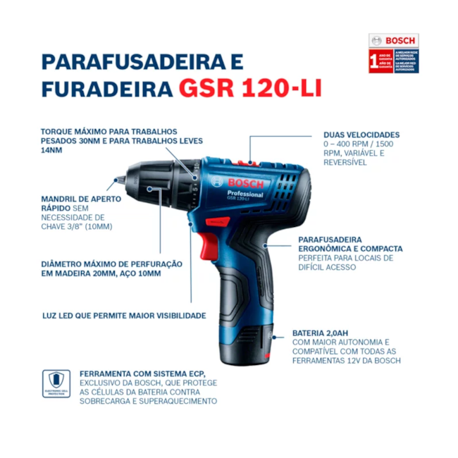Furadeira Parafusadeira 3/8'' GSR 120-LI com Bateria e Carregador Bivolt + Jogo de Bits e Soquetes 43 Peças BOSCH-f18088f9-c6ed-4835-8245-80d685c390b9