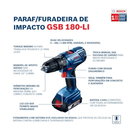 Furadeira Parafusadeira de Impacto 1/2'' Bateria 18V Carregador Bivolt 23 Acessórios GSB 180-LI BOSCH-282fd850-5475-4c2d-b314-7074db9781fe