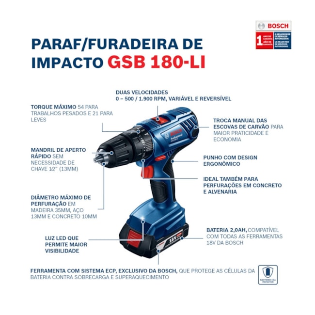 Furadeira Parafusadeira de Impacto 1/2'' Bateria 18V Carregador Bivolt 23 Acessórios GSB 180-LI BOSCH-6fe72e39-9f03-4963-96c8-5b92e0223181