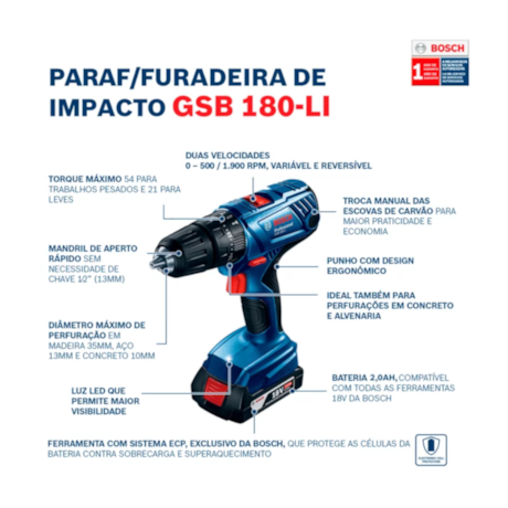 Furadeira Parafusadeira de Impacto 1/2'' GSB 180 LI Bateria e Carregador Bivolt + Jogo de Pontas e Brocas 33 Peças BOSCH-59db5d5c-7370-45e0-9a26-74744d2b7472