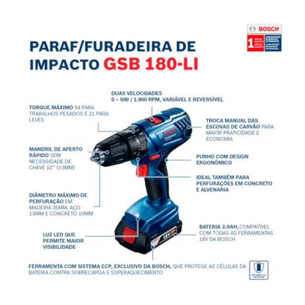 Furadeira Parafusadeira de Impacto 1/2'' GSB 180 LI Bateria e Carregador Bivolt + Jogo de Pontas e Brocas 33 Peças BOSCH-e54ce899-44c8-45e8-9ecd-2b9f5006b84b