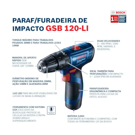 Furadeira Parafusadeira de Impacto 3/8'' GSB 120-LI Bateria 12V Carregador Bivolt + Kit de Brocas 15 Peças X-LINE BOSCH-41d8bfee-614b-4105-b955-dbc08c5a85e3