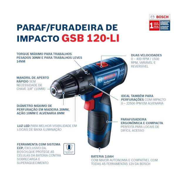 Furadeira Parafusadeira de Impacto 3/8'' GSB 120-LI Bateria 12V Carregador Bivolt + Kit de Brocas 15 Peças X-LINE BOSCH-7942f12d-8a95-4160-9c9a-81109d1fbce1