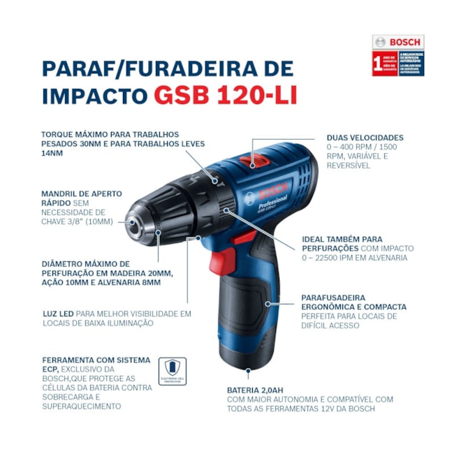 Furadeira Parafusadeira de Impacto 3/8'' GSB 120-LI Bateria 12V Carregador Bivolt + Kit de Brocas 15 Peças X-LINE BOSCH-37ffad01-0f7f-454b-af26-b5354867dcbb