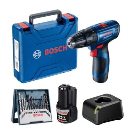 Furadeira Parafusadeira de Impacto 3/8'' GSB 120-LI Bateria 12V Carregador Bivolt + Kit de Brocas 15 Peças X-LINE BOSCH