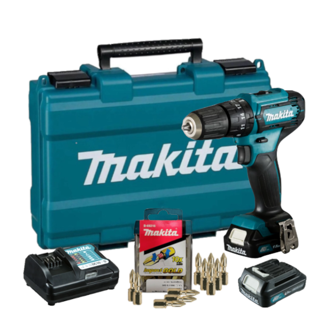 Furadeira Parafusadeira de Impacto HP333DWYE 3/8'' 2 Baterias e Carregador Bivolt + Jogo de Bits Phillips PH2 20 Peças MAKITA-42716abc-d31d-4704-80b7-fe8cfa157047