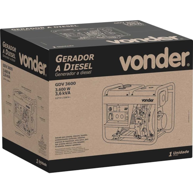 Gerador a Diesel 3.3/3.6 KVA Monofásico 110V/220V GDV 3600 VONDER-a2b2a867-eed9-4e12-8d97-1e451342a7d6