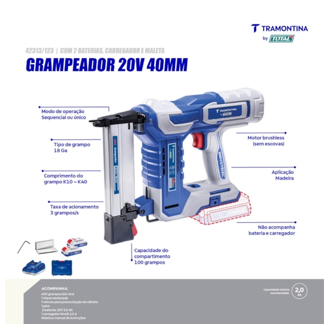 Grampeador 20V 40mm 2.0AH com 2 Baterias + Carregador Bivolt e Maleta 42313/123 TRAMONTINA MASTER-8a482936-30e6-4904-8f33-e62614f28e28