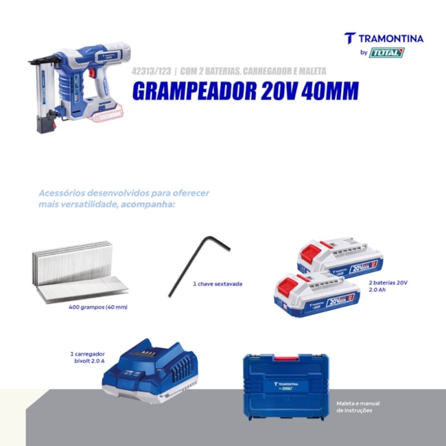 Grampeador 20V 40mm 2.0AH com 2 Baterias + Carregador Bivolt e Maleta 42313/123 TRAMONTINA MASTER-67106720-94f5-4296-8c8c-626b316d369d