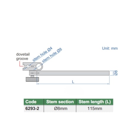 Haste Relógio Cilíndrica com Pinça 8mm 6293-2 INSIZE