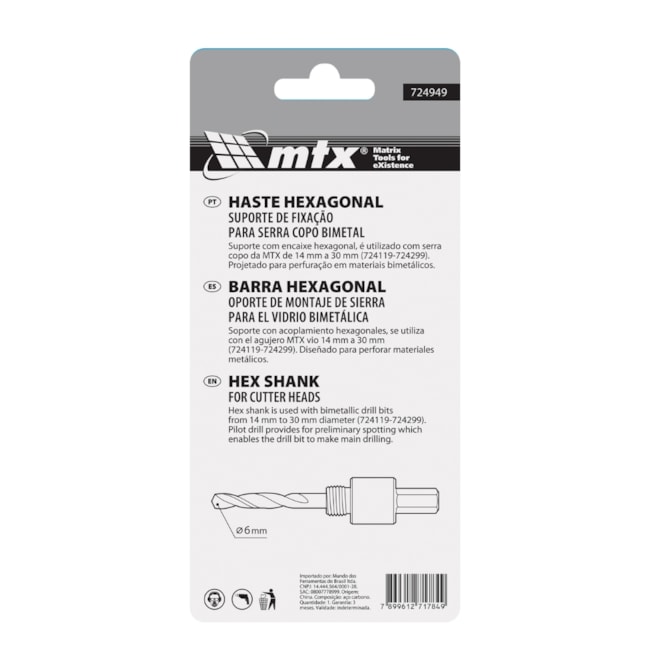 Haste Sextavada para Serra Copo Bimetal 14 a 30mm 724949 MTX-d0637769-a7b8-4a01-843c-004e007c6363