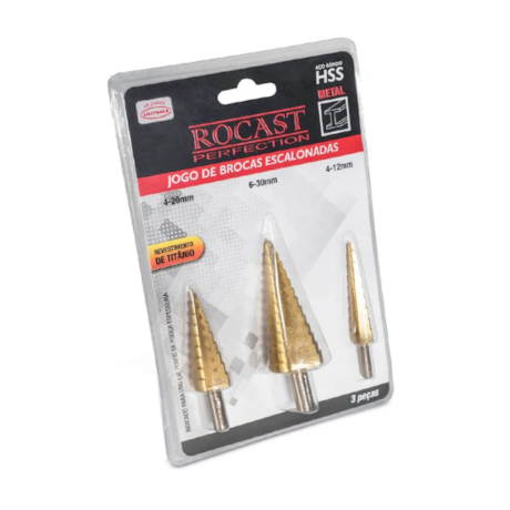 Jogo Brocas Escalonadas HSS Tin 4 a 12mm/ 4 a 20mm/ 6 a 30mm 3 Peças 170,0004 ROCAST-5641dbff-c06c-4b94-a619-14666fcc4ed3