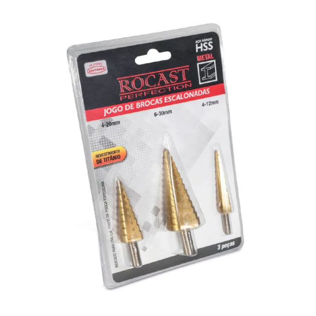 Jogo Brocas Escalonadas HSS Tin 4 a 12mm/ 4 a 20mm/ 6 a 30mm 3 Peças 170,0004 ROCAST-b0a40c0c-f991-4825-b7be-ddbb4de37eb2