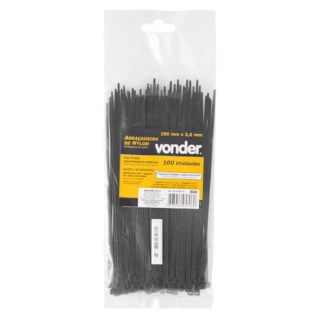 Jogo de Abraçadeiras de Nylon 3.6 x 200mm Preta 100 Peças 2815200101 VONDER-70a0381d-4370-4a00-96f9-cc2b16c355a9