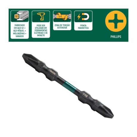 Jogo de Bits de Impacto Duplo Phillips Nº2 x 110mm Encaixe 1/4