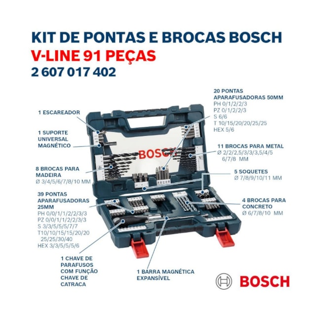 Jogo de Bits e Brocas V-Line com 91 Peças 2607017402 BOSCH-ee2e6072-9aa6-4b3a-ba7d-61e6f465425a