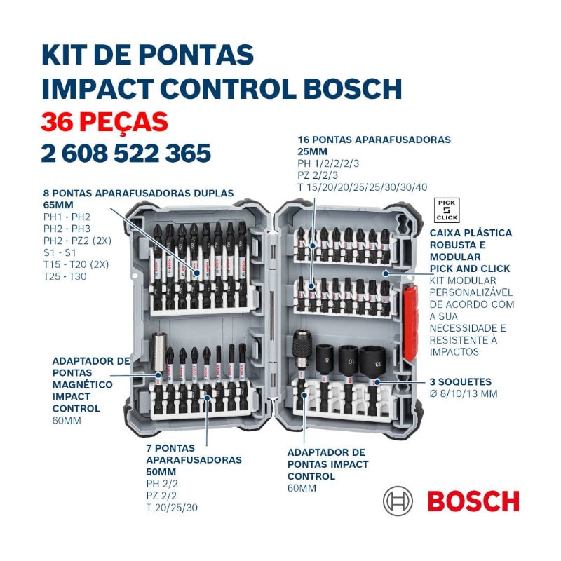 Jogo de Bits e Soquetes Impact Control 36 Peças 2608522365 BOSCH