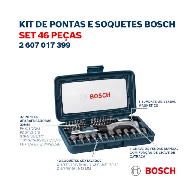 Jogo de Bits e Soquetes para Parafusar com 46 Peças 2607017399 BOSCH-833a3a64-dedd-4e82-8b1b-142a0c5e9a6b