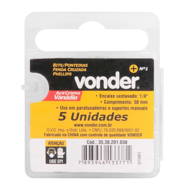 Jogo de Bits Phillips Nº1x38mm Encaixe 1/4