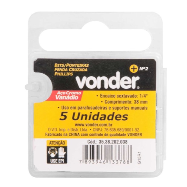 Jogo de Bits Phillips Nº2 x 38mm Encaixe Sextavado 1/4