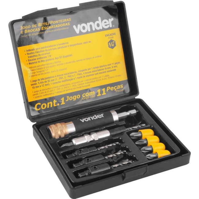 Jogo de Bits/Ponteiras/Brocas Escareadoras Encaixe 1/4