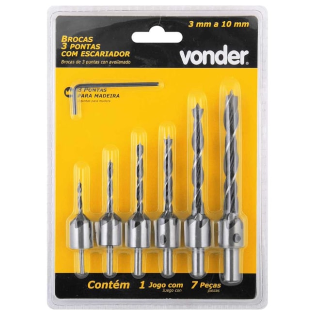 Jogo de Brocas 3 Pontas com Escareador 3mm a 10mm com Chave Hexagonal 7 Peças 3599003010 VONDER-9b230b0d-81fe-4fb9-b825-67e36935fa1d