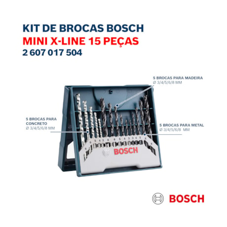 Jogo de Brocas para Metal Madeira Alvenaria X-Line 3 a 8mm 15 Peças 2607017504 BOSCH-79794fea-2232-465d-a7a6-3863bd758bc8