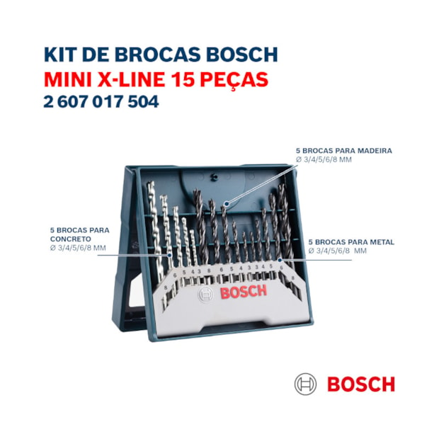 Jogo de Brocas para Metal Madeira Alvenaria X-Line 3 a 8mm 15 Peças 2607017504 BOSCH-edbed11f-504e-436a-afdc-c7815219726a