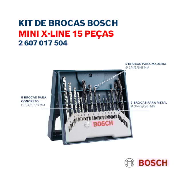 Jogo de Brocas para Metal Madeira Alvenaria X-Line 3 a 8mm 15 Peças 2607017504 BOSCH-ef373df0-b57e-4212-8f82-cc103a7495d5