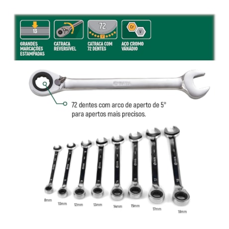 Jogo de Chave Combinada 8MM A 18MM com Catraca Reversível ST09041 SATA-b6f728f5-7293-4725-a036-60e5d37728a3