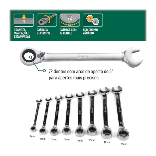 Jogo de Chave Combinada 8MM A 18MM com Catraca Reversível ST09041 SATA-01ffb67d-7721-4730-a543-bdaede51f7a1