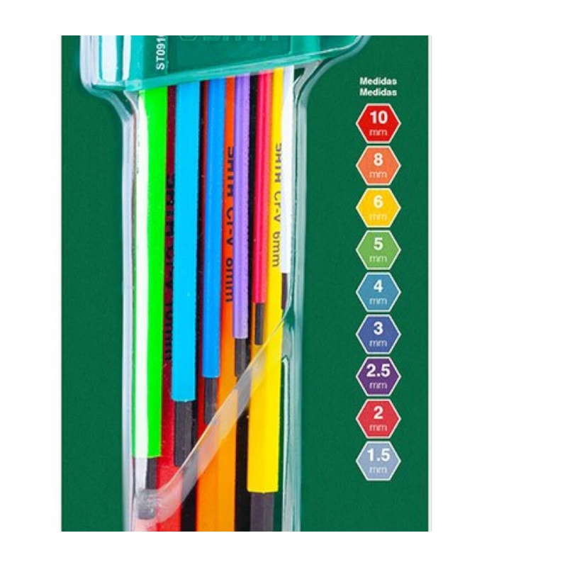 Jogo de chave allen hexagonal longa 1,5 a 10 mm coloridas