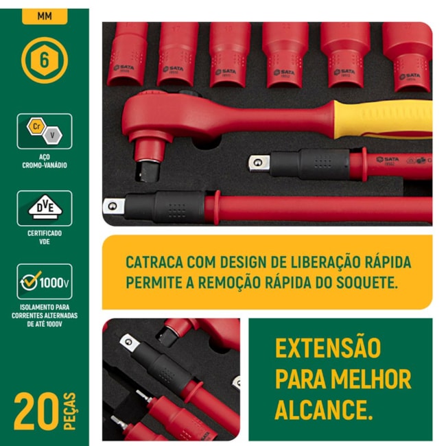 Jogo de Chaves Catraca Isoladas 1000V VDE com 20 Peças ST09267 SATA-201eb025-e1a4-4b68-9f60-b68a53a9d854