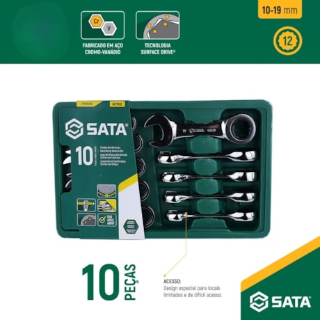 Jogo de Chaves Combinada Curta com Catraca 10 a 19mm com 10 Peças ST09025G SATA-5cd7342c-5ef8-4575-9ccb-9452f79737f1