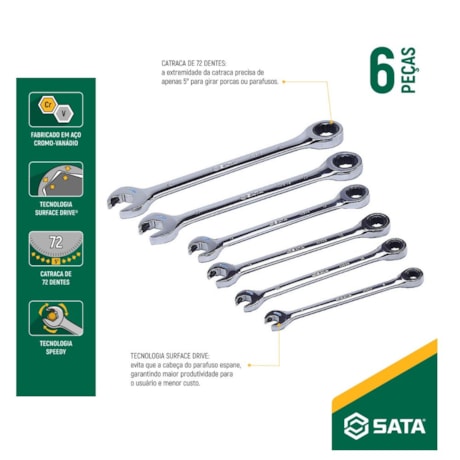Jogo de Chaves Combinada Fixa com Catraca Speedy 8 a 19mm com 6 Peças ST09033G SATA-afdaae3d-6873-4431-93a5-60b7ef972d4b