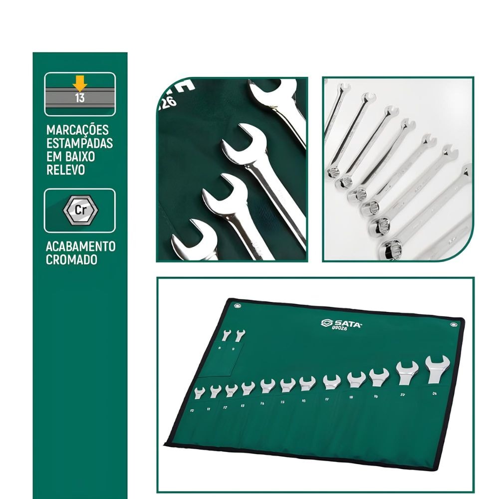 Jogo de Chaves Combinadas 8 a 24mm 14 Peças ST09026G SATA