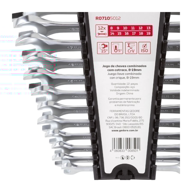 Jogo de Chaves Combinadas com Catraca 8mm a 19mm 12 Peças R07105012 GEDORE RED-6ebea2f3-f2f1-474a-8dd6-31d985c84102