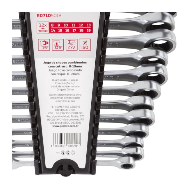 Jogo de Chaves Combinadas com Catraca 8mm a 19mm 12 Peças R07105012 GEDORE RED-41cf8eae-5b79-472d-a2fc-c9f3674b9150