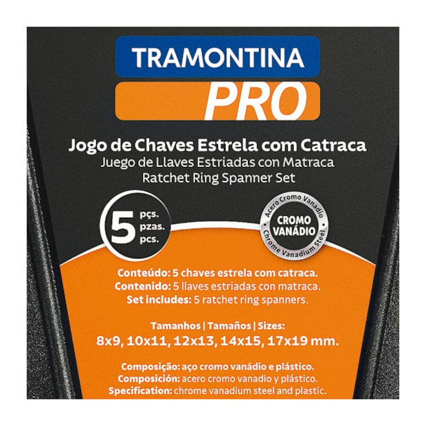 Jogo de Chaves Estrela Plana de 8mm a 19mm com Catraca 5 Peças 44634305 TRAMONTINA PRO-91819835-5382-4152-84be-d01a012894ec