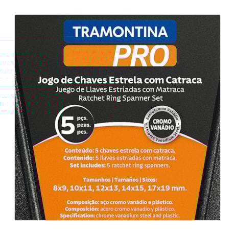 Jogo de Chaves Estrela Plana de 8mm a 19mm com Catraca 5 Peças 44634305 TRAMONTINA PRO-d62183de-03c0-4865-b9ab-54a7c26666b3