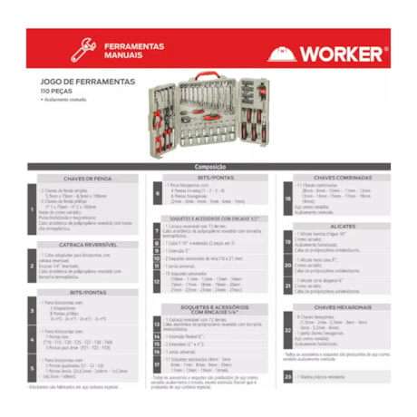Jogo de Ferramentas com 110 Peças Maleta Plástica 980803 WORKER-ebf21ad5-ea02-4190-9a25-e8dbf86477c4