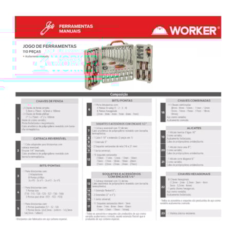 Jogo de Ferramentas com 110 Peças Maleta Plástica 980803 WORKER-50cb9d3d-8386-47f5-af6a-f07292c804c7