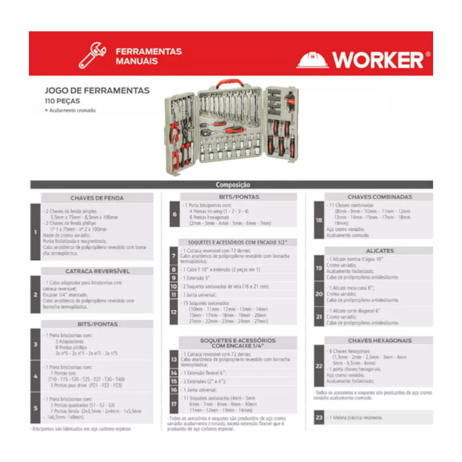 Jogo de Ferramentas com 110 Peças Maleta Plástica 980803 WORKER-ee657669-02cb-4e01-95e5-61238b46c685