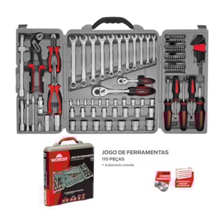 Jogo de Ferramentas com 110 Peças Maleta Plástica 980803 WORKER-90e0fecb-bbca-462d-8fc1-f6086066cf99