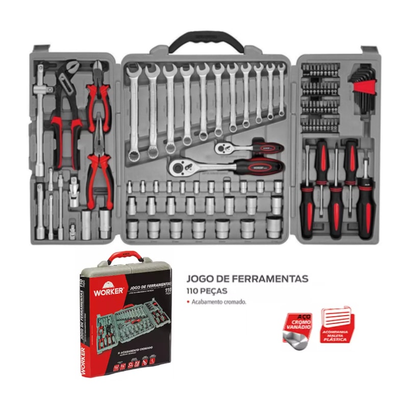JOGO DE FERRAMENTAS COM 110 PEÇAS MALETA PLÁSTICA 980803 WORKER
