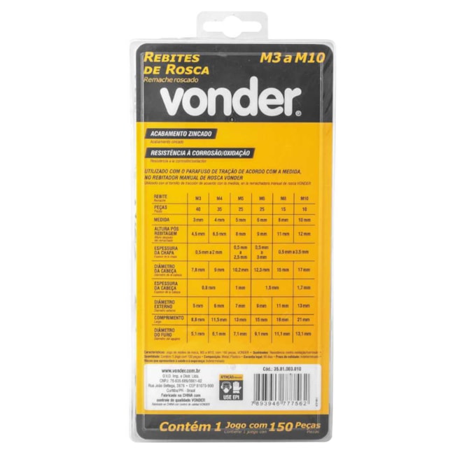 Jogo de Rebites de Rosca M3 a M10 com 150 Peças 3581003010 VONDER-ae57bb0b-10da-4219-8562-2f429fc6c84c