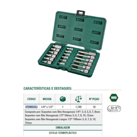 Jogo de Soquete Hexagonal 3 a 12mm Encaixe 1/4